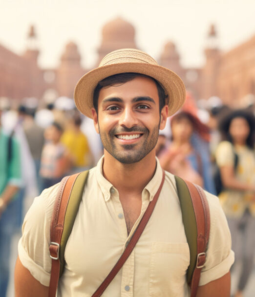 young  man happy expression traveler concept. ai generated